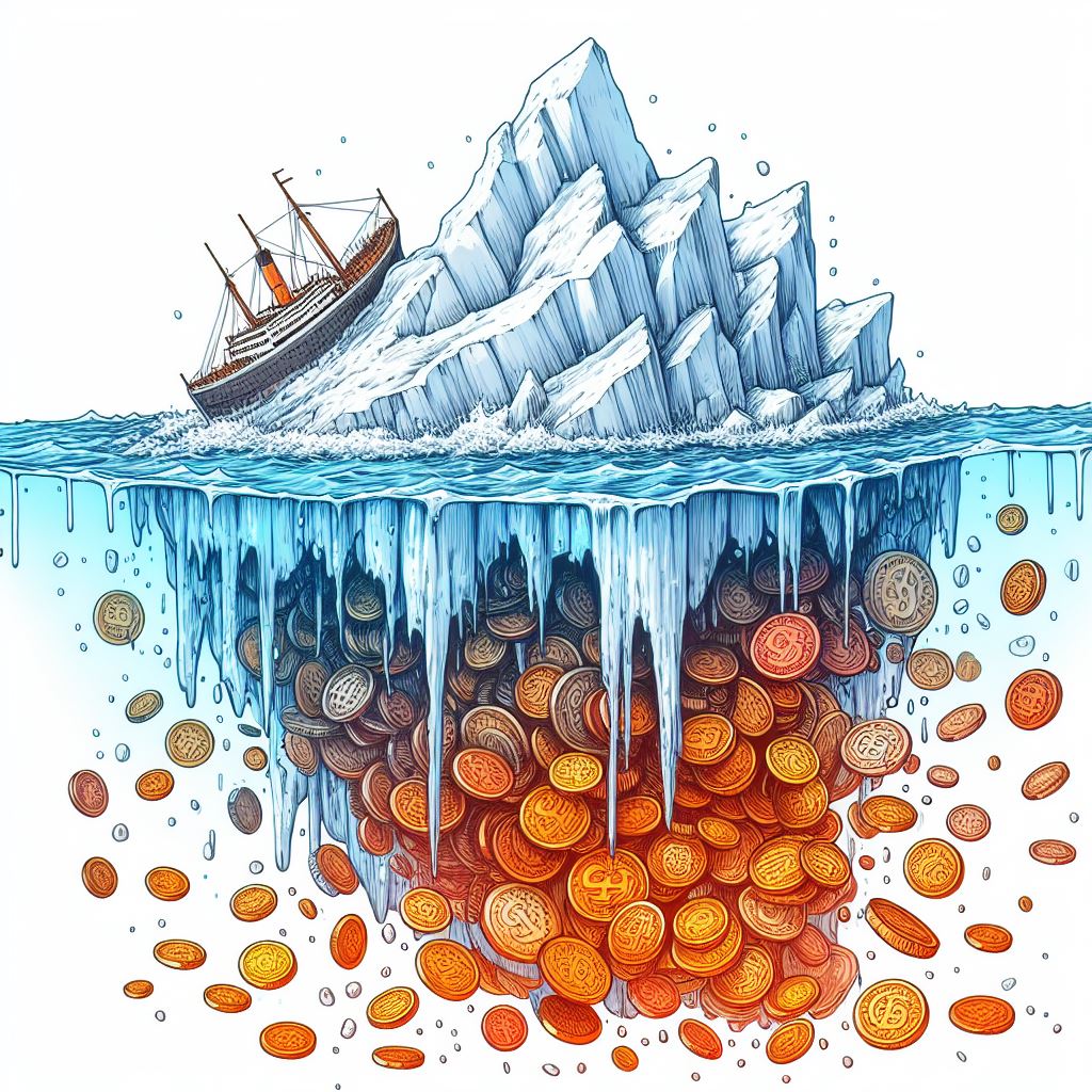 a melting iceberg uncovering trillions of hidden PAISA (Coins)